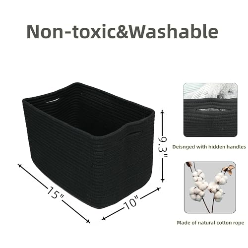 Woven Cotton Rope Storage Baskets 15x10x9.3" 3 Pack Black (black)