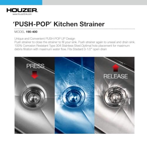 190-9400 - 3-1/2 Inch Stainless Steel Pop-Up Kitchen Sink Basket Strainer, Durable Food Catcher Stopper for Metal Kitchen Sink, Ideal for Filtering Waste and Preventing Clogs (3.5 Inch - Stainless Steel Pop-Up)