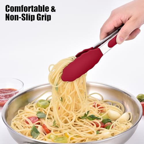 Kitchen Tongs with Silicone Tips for Cooking Serving (7in / Red)