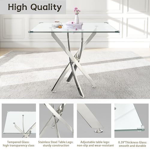 36" Square Glass Dining Table Set for 4 (Silver Square Table/Black Velvet Chairs / 5 Pieces)