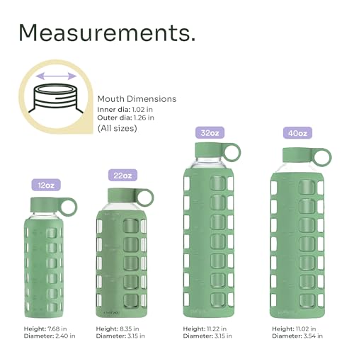 40oz / 32oz / 22oz / 12oz Borosilicate Glass Water Bottle with Time & Volume Markers, Silicone Sleeve, Stainless Steel Lid | Reusable Glass Bottle for Water & Juice (12oz Shale Green) (Shale Green (1 Count) / 12 Ounces)