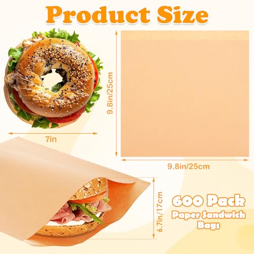 600 Pack Paper Sandwich Bags 10x10 inch Wax Paper Bags for Bakery (Kraft-600PCS / 10x10 inch)