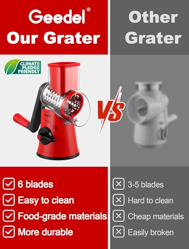 Rotary Cheese Grater Vegetable Shredder With 6 Interchangeable Blades No Slip Suction Base (Red Black / 6 Blades)