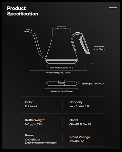 FLOW B9 Gooseneck Electric Kettle ±1°F Temperature Control (Rainforest)