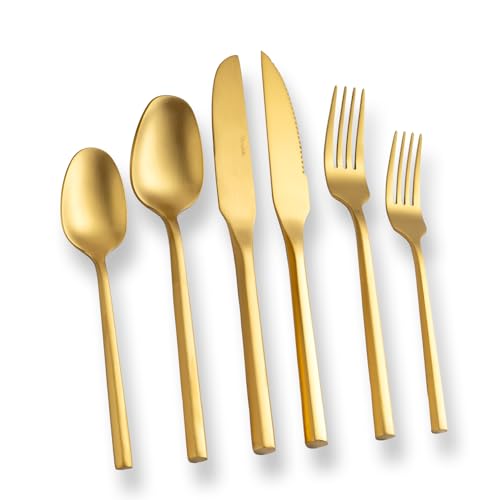 Gold Silverware Set with Steak Knives (Matte gold with Steak Knives)