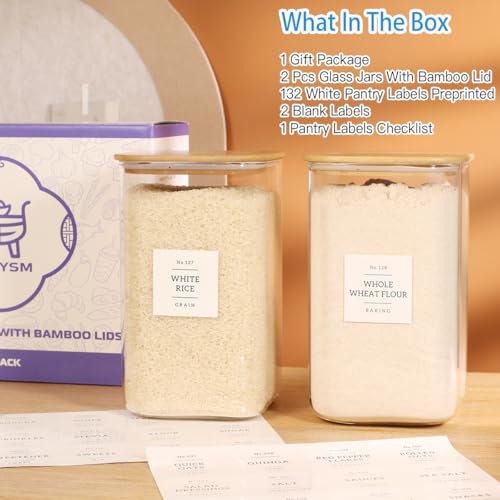 2 Pack large Square Glass Flour and Sugar Containers with 132 Kitchen Pantry Labels