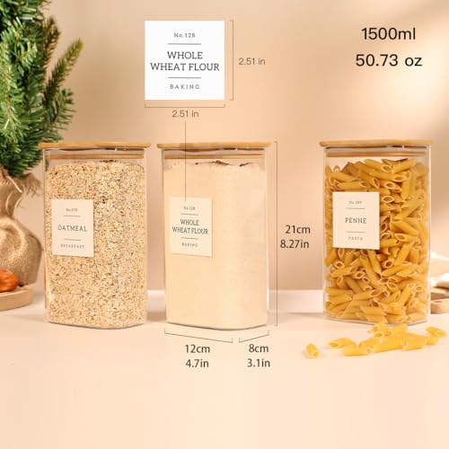 3 Pack Square Glass Pantry Storage Containers with 132 Kitchen Food Pantry Labels