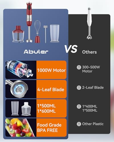 Immersion Blender Handheld 1000W 5 in 1 Corded Stick Hand Blender Kitchen with 12 Speed (Red)