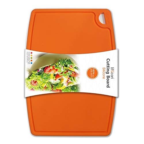 Thick Silicone Cutting Board 12.6'' x 9.1'' Juice Grooves Easy Grip Handle Dishwasher Safe (12.6"L x 9.1"W / Orange)