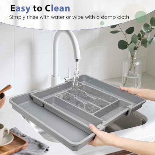 Large Silverware Organizer Tray for Kitchen Drawer Utensils Thicker (Medium Gray)