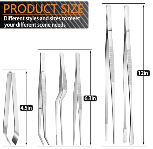 6 Pcs Cooking Tweezer Tongs (12-Inch and 6.3-Inch (6Pcs) / Silver)