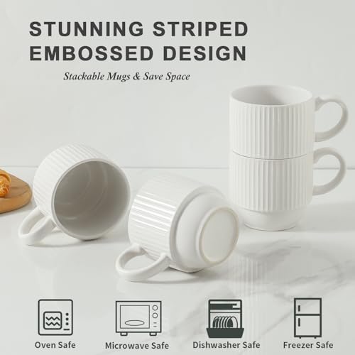 White Ceramic Coffee Mugs Set With Holder (White / 12 Ounces)