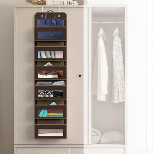 6 Clear Window Pocket Over Door Hanging Organizer (6 Pockets / Brown)