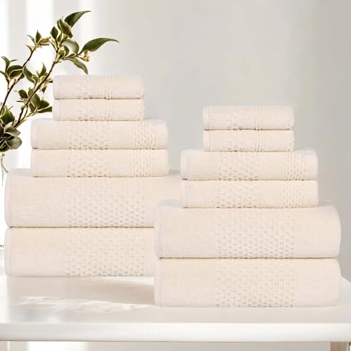 Playa Zero Twist Cotton Medium Weight Towels (12 Piece Towel Set / Ivory)
