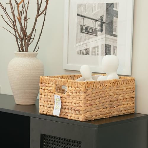 KOKODO 15”L x 11”W Large Rectangular Water Hyacinth Wicker Storage Basket with Handles (Natural / Large 15"Lx11"W)