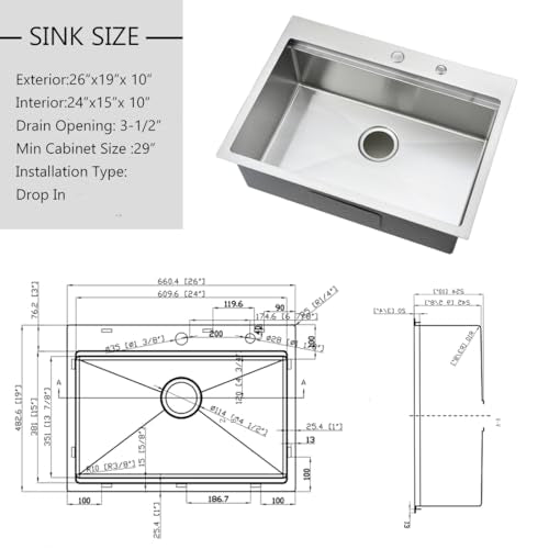 26 inch Drop in Kitchen Sink (26"L x 19"W x 10"D / Stainless Steel （26*19 ）)