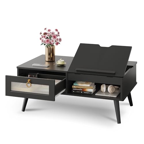 Coffee Table Lift Top Coffee Table with Storage Shelf (Retro Black / 39" with Drawer)