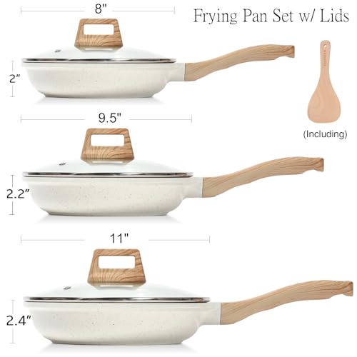 Nonstick Ceramic Frying Pans Skillets Set with Lids (8"+9.5"+11" Set w/Lids / White)