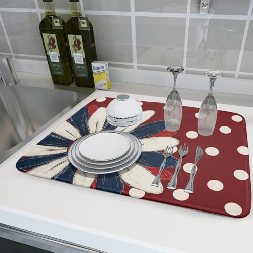 Patriotic Dish Drying Mat 18x24 In Red and Blue Daisy Microfiber Kitchen Draining Mat for Countertops (Patriotic Floral Red / 24" x 18")
