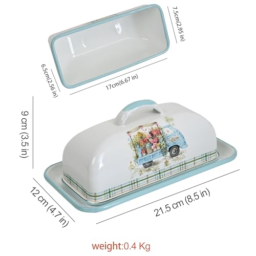 Enamel Butter Dish with Lid Vintage Enamelware Butter Keeper with Flower and Bird Patterns Farmhouse Butter Container Butter holder for Countertop Kitchen Decor (Lightblue)