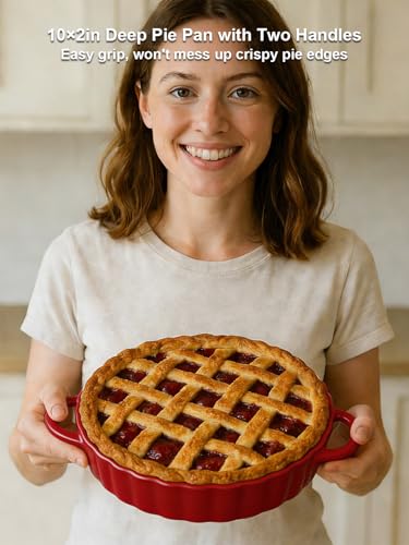 10×2in Deep Ceramic Pie Pan with Handles for Pie Quiche Tart Baking. Easy to grip (Red / 10IN*2IN)