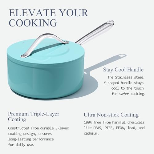 Premium Ceramic Sauce Pan with Lid (Caribbean Blue)
