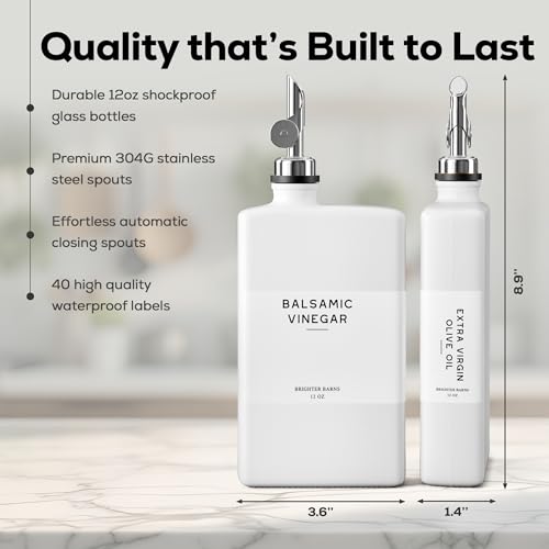 Luxury Glass Olive Oil Dispenser Bottle for Kitchen by Brighter Barns (White/Silver)