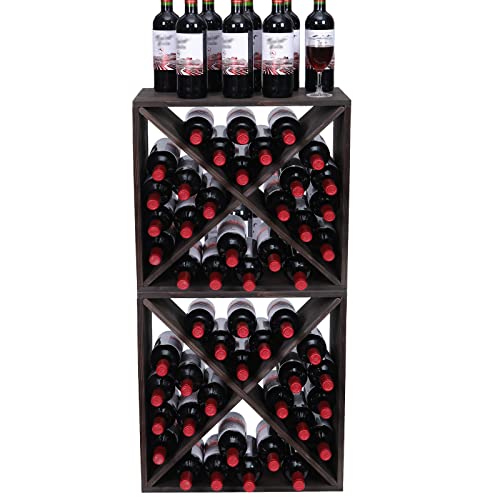 Wine Racks countertop Solid Wood Stackable Storage Rustic Retro Cube 48 ((48bottleblack))