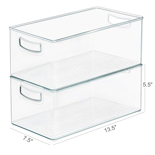 2 Pack Clear Freezer Organizer Bins Stackable Storage Bins with Side Handles for Kitchen Pantry Cabinet Organzation and Storage (2 Count)