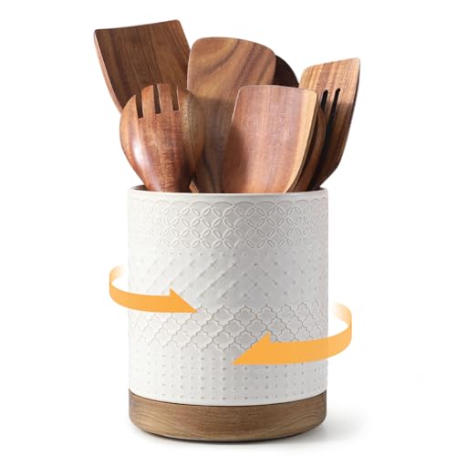 360° Rotating Extra Large Cooking Utensil Holder (White Embossed / 7.6 Inch)