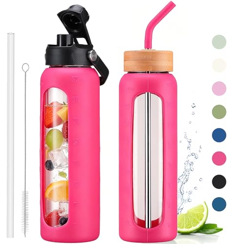 32 oz Glass Water Bottle with Straw and 2 Lids (Rose Red / 32 Ounces)