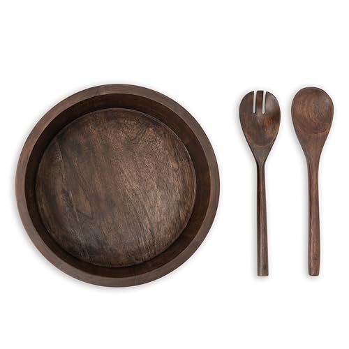 12" Dark Burnt Wooden Salad Bowl Set with Serving Utensils Eco (Dark Burnt / Extra Large)