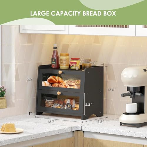 Double Layer Bread Box Container for Kitchen Countertop Homemade Bread (Black / 2 Tier-Medim)