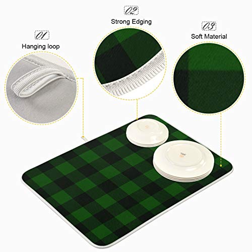 Super Absorbent Dish Drying Mat (Green Plaid / 18" x 24")