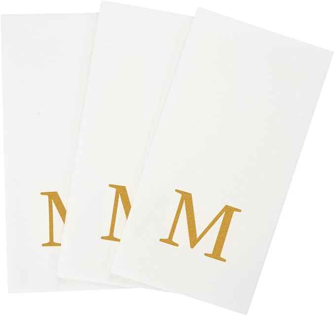 Luxenap 15.8 X 7.9 Inch Linen-Feel Guest Towels, 50 Lettered Hand Towels - Gold Letter 'M', Sans Serif Font, White Paper Dinner Napkins, airlaid, For Restrooms And Tables