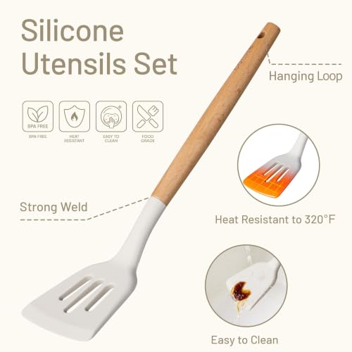 22 Piece Cooking Utensils Set with Wood Cool (22 PCS / Cream White)