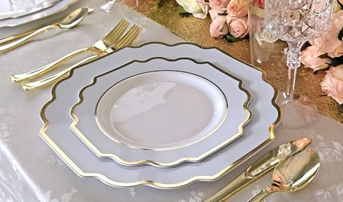 OCCASIONS FINEST 320 Piece Disposable Dinnerware Set for 40 Guests (320 Piece (40 Guest) / C. Imperial Blue & Gold)