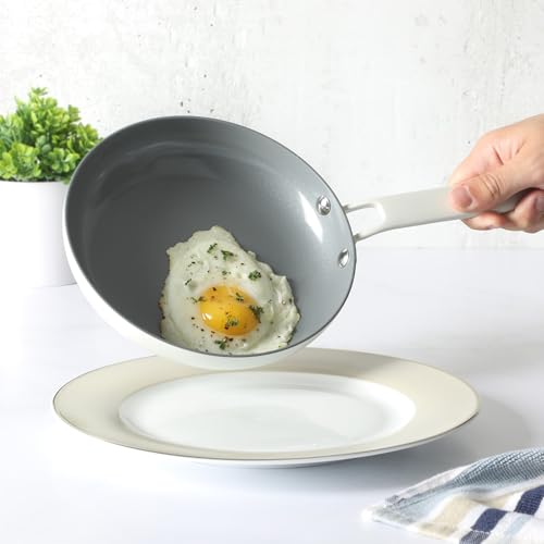Emmeline Premium Nonstick PFA Free Ceramic Interior 12 Piece Heavy Gauge Enamel Aluminum Pots and Pans Cookware Set (12-Piece Cookware Set / Linen White)