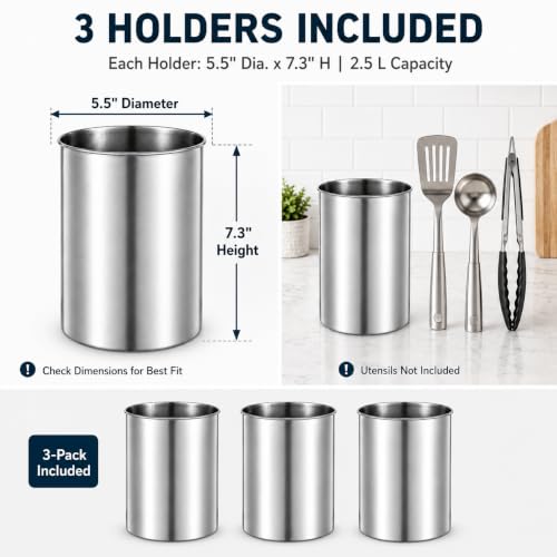 3 Pack Large Stainless Steel Utensil Holders (Silver)