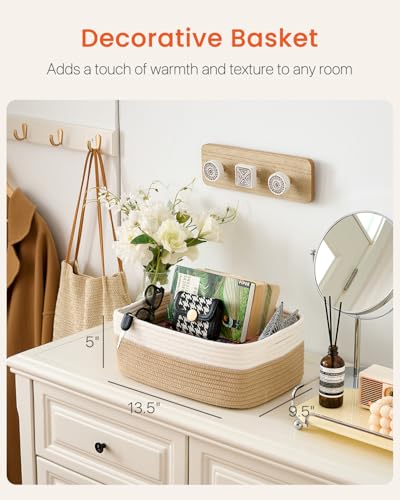 Small Woven Storage Basket for Organizing (White & Brown / 13.5"L x 9.5"W x 5"H)