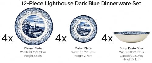 Royal 12 Piece Porcelain Dinnerware Set for 4 (Light House Dark Blue / 12)
