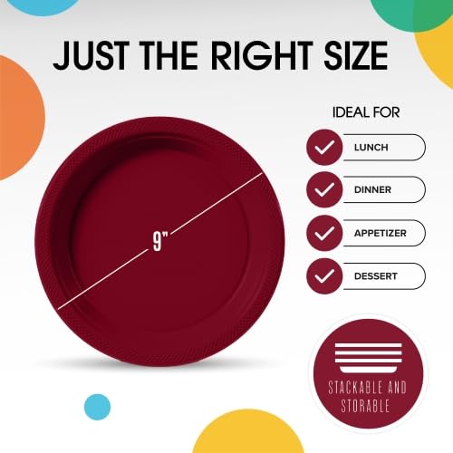 Sturdy Burgundy Plastic Plates 9" Party Plates 100 Pcs (9 inch / Burgundy)