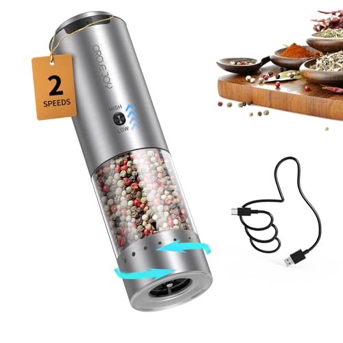 Electric Pepper Grinder Stainless Steel Rechargeable Pepper Mill with Variable Grinding Speed (2-Speed Rechargeable)