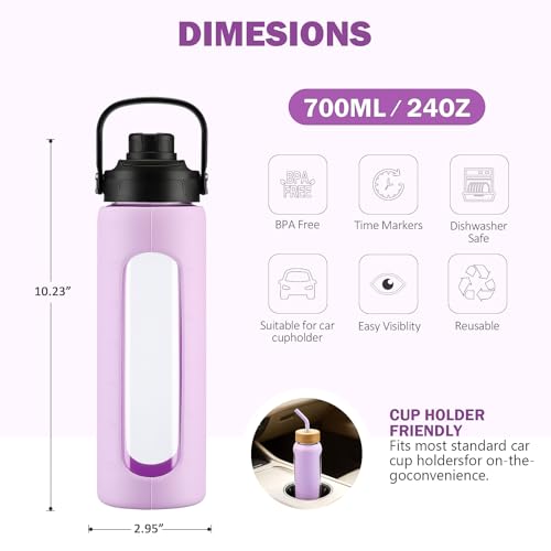 24 oz Glass Water Bottle with Straw and 2 Lids (Light Purple / 24 Ounces)