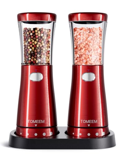 Electric Salt and Pepper Grinder Set with Storage Base (Bright Red)