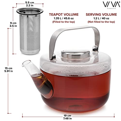 Viva Bjorn Borosilicate Glass Tea Pot for Stovetop with Loose Leaf Tea Infuser Mesh (Large Teapot)