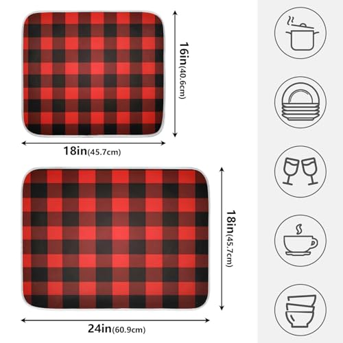 Christmas Red Black Buffalo Plaid Dish Drying Mat for Kitchen Counter Absorbent Microfiber Small Drying Pad Dish Mats for Kitchen Countertops 16 x 18 Inch (18" x 16")