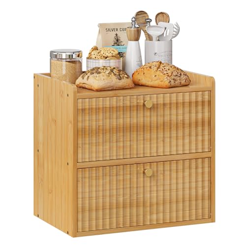 Rustic Bread Box for Kitchen Countertop Bamboo Bread Storage Container Bin Double Layer BreadBox Farmhouse Large Capacity Food Organizer (Natural Bamboo)