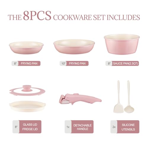 Ceramic Cookware Set Non Stick 8Pcs Pots and Pans Set Removable Handle Induction Kitchen Cookware Set with Frying Pans Oven Safe (Light Pink)