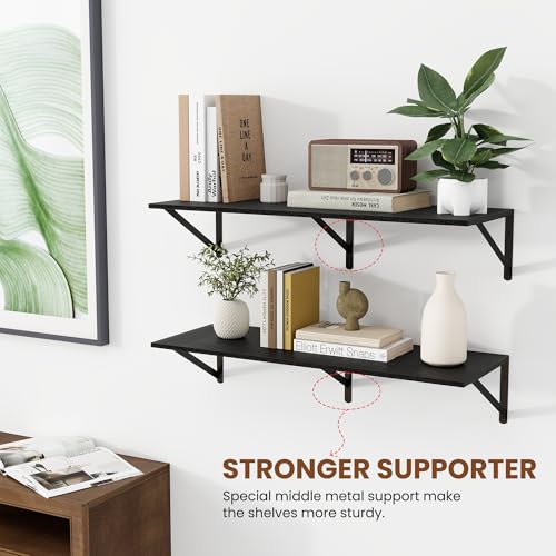 32W x 12D Deep Floating Shelves Set of 2 Black (Black With Black Metal Bracket / 32Wx12Dx5.8H)